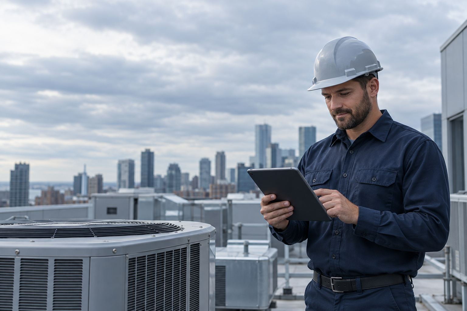 A field technician checking a tablet beside commercial rooftop equipment.
